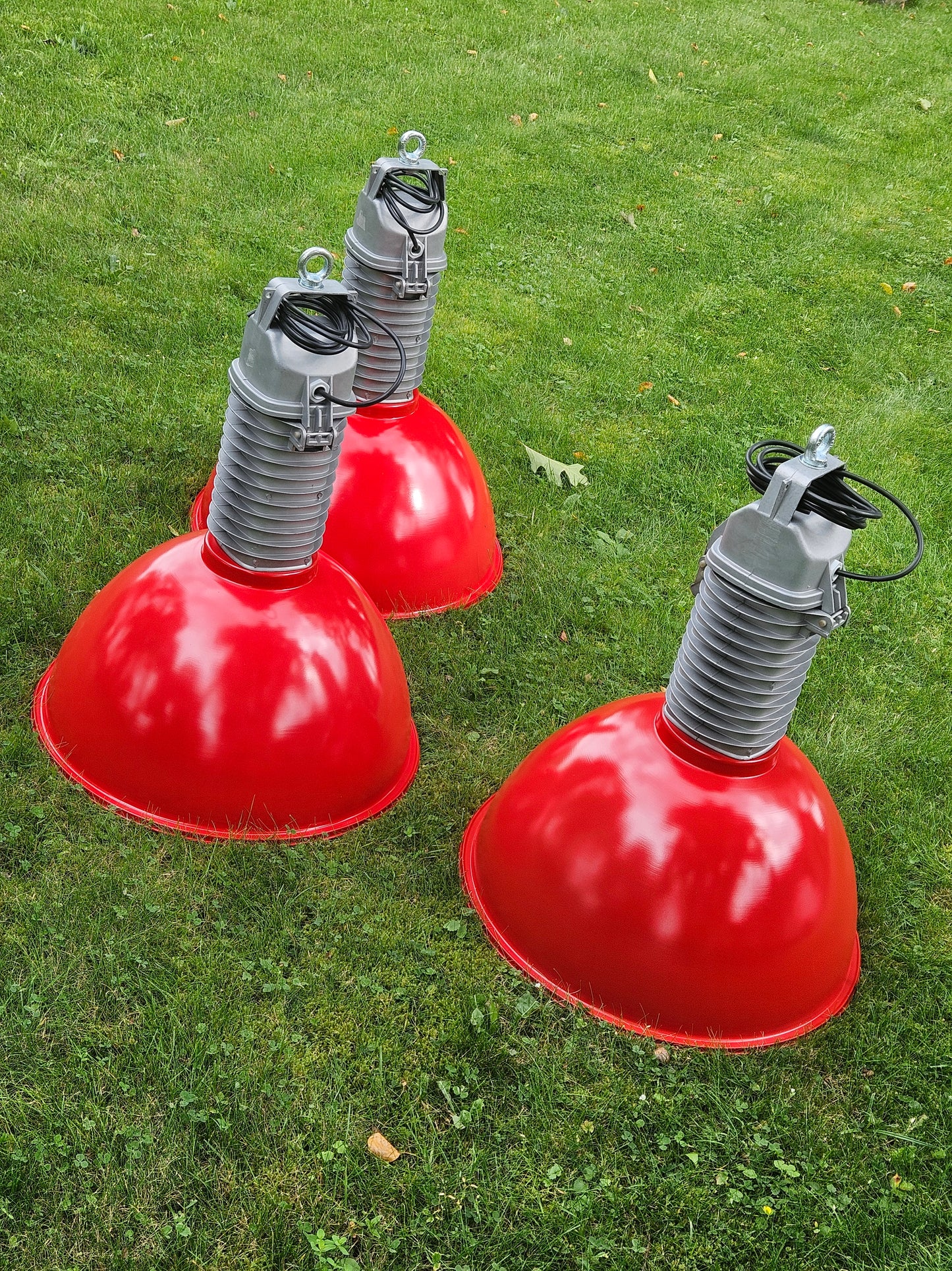 CUSTOM ORDER KARLA - 3 X PHILIPS PENDANT 1950s RED / SILVER + Glass Lens