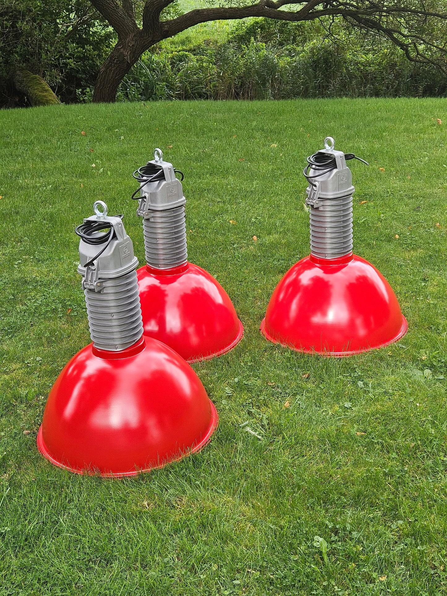 CUSTOM ORDER KARLA - 3 X PHILIPS PENDANT 1950s RED / SILVER + Glass Lens