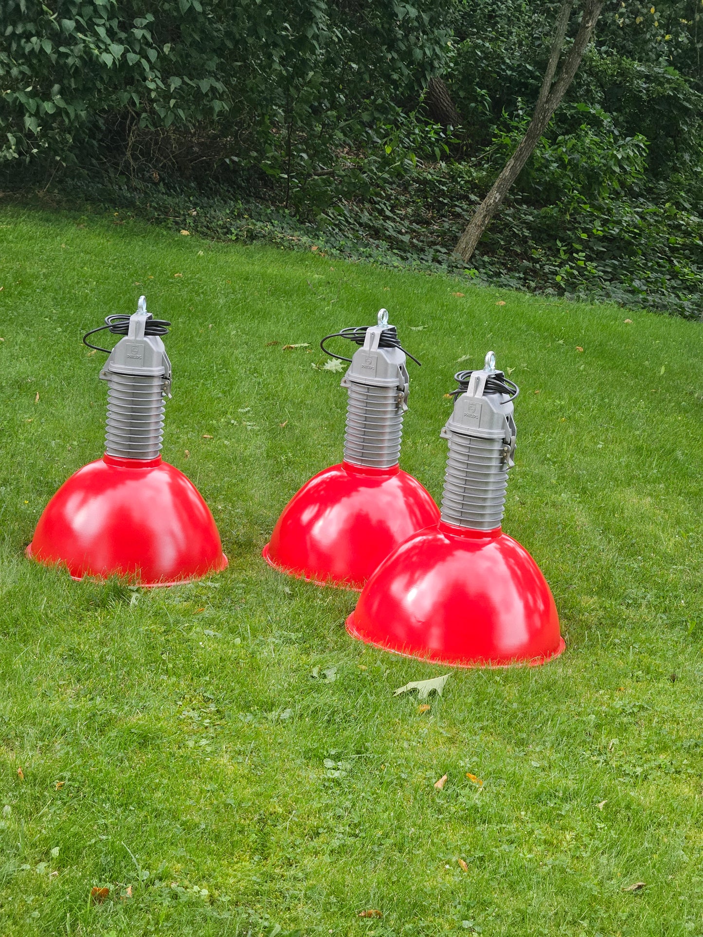 CUSTOM ORDER KARLA - 3 X PHILIPS PENDANT 1950s RED / SILVER + Glass Lens
