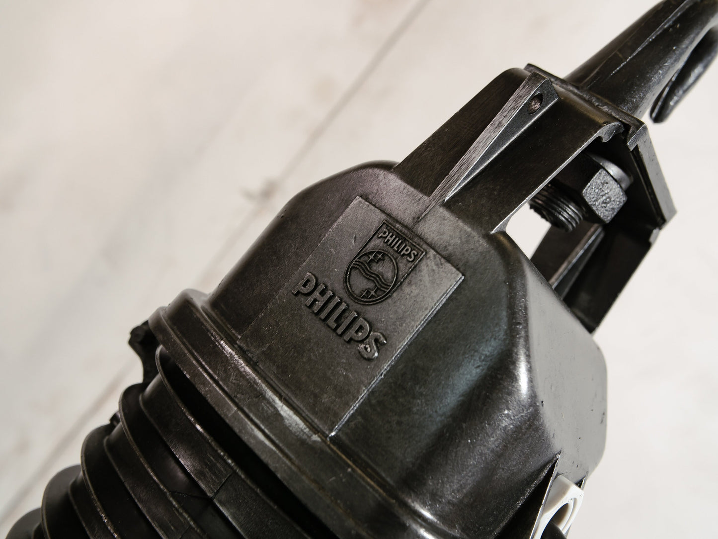 Vintage High Gloss Black Factory Pendant Light Philips Industrial 1950s, white inside Enamel - Upcycled Aluminium Hanging lamp