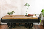 Antique Mining Cart Coffee Table, 1920s French Decauville Industrial Railway Wagon Cast iron, Salvaged Factory Carriage with Oak table-top