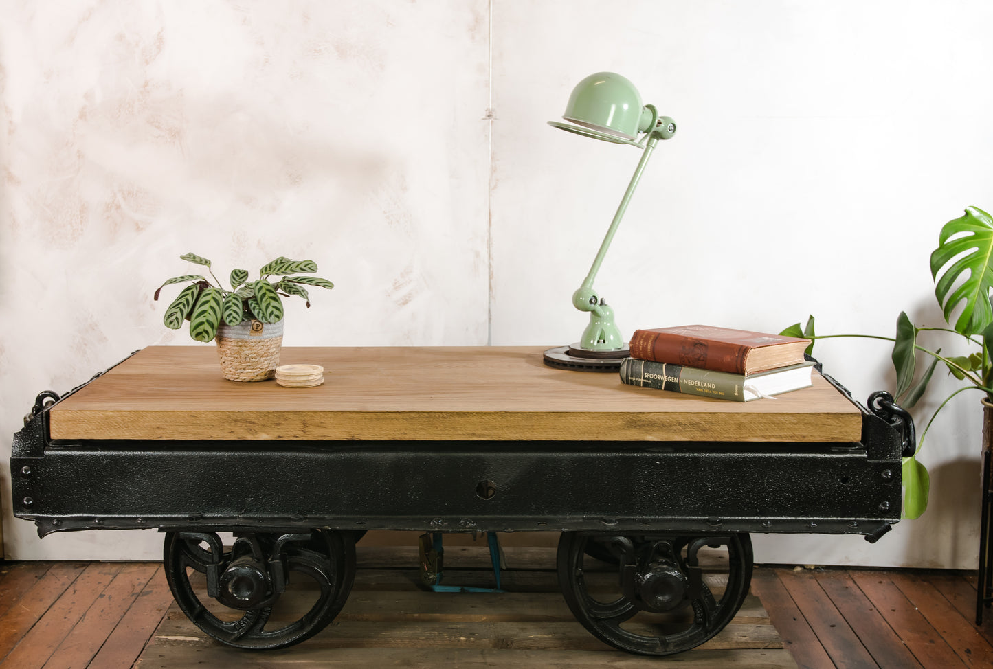 Antique Mining Cart Coffee Table, 1920s French Decauville Industrial Railway Wagon Cast iron, Salvaged Factory Carriage with Oak table-top