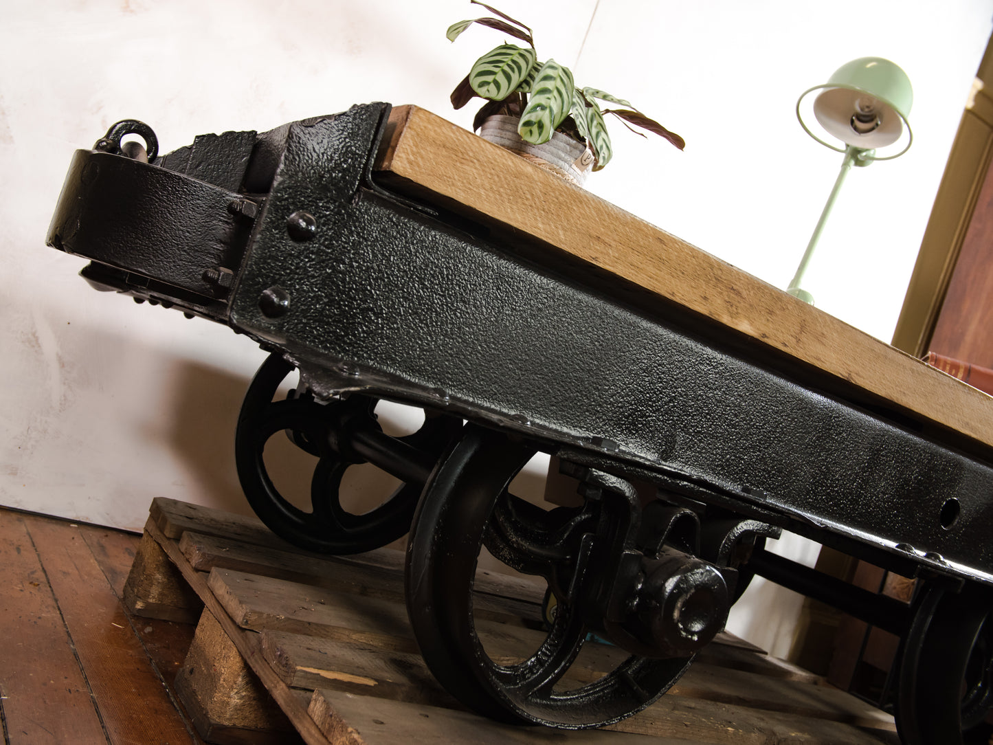 Antique Mining Cart Coffee Table, 1920s French Decauville Industrial Railway Wagon Cast iron, Salvaged Factory Carriage with Oak table-top