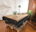 Antique Mining Cart Coffee Table, 1920s French Decauville Industrial Railway Wagon Cast iron, Salvaged Factory Carriage with Oak table-top