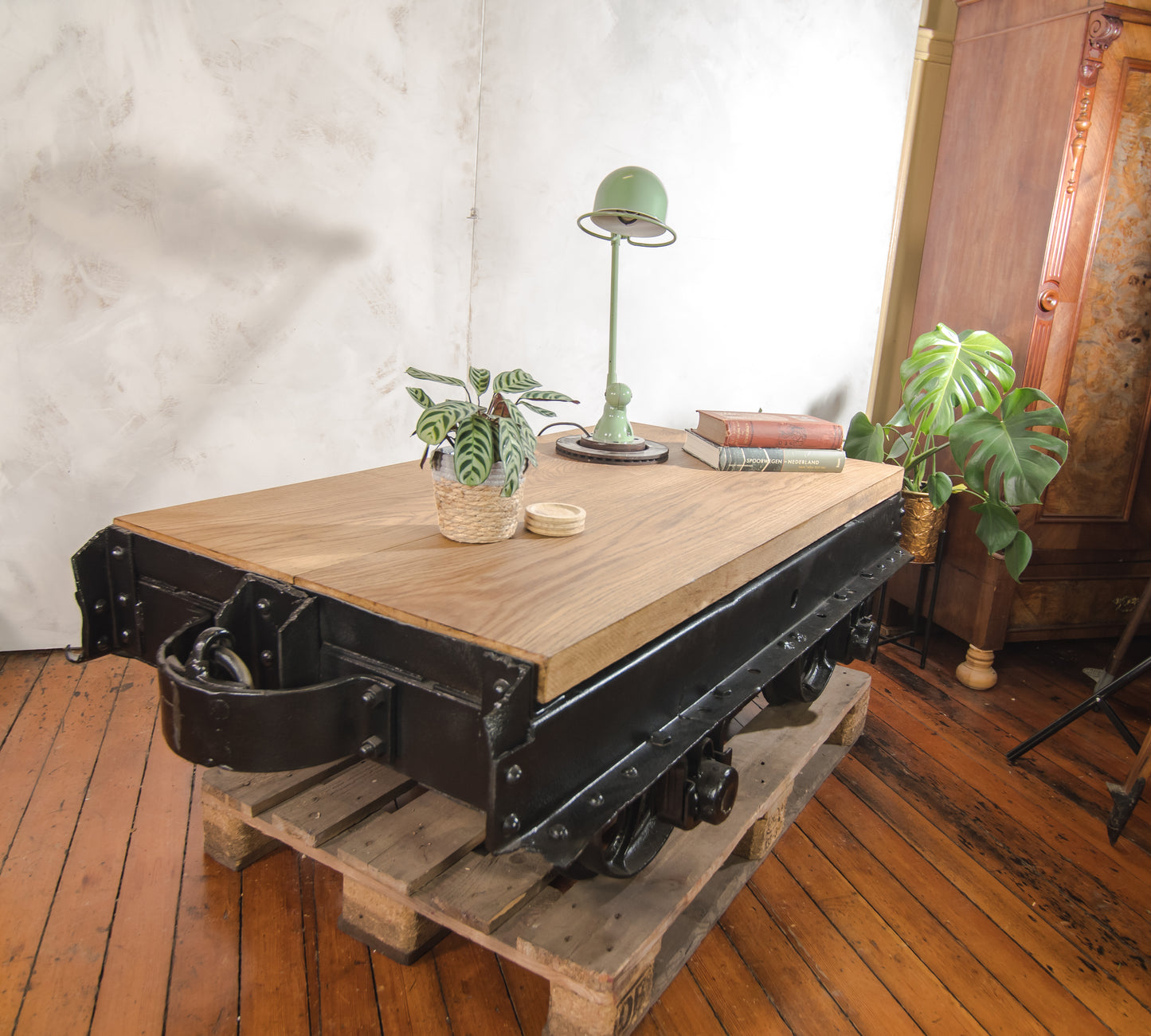 Antique Mining Cart Coffee Table, 1920s French Decauville Industrial Railway Wagon Cast iron, Salvaged Factory Carriage with Oak table-top