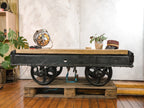 Antique Mining Cart Coffee Table, 1920s French Decauville Industrial Railway Wagon Cast iron, Salvaged Factory Carriage with Oak table-top