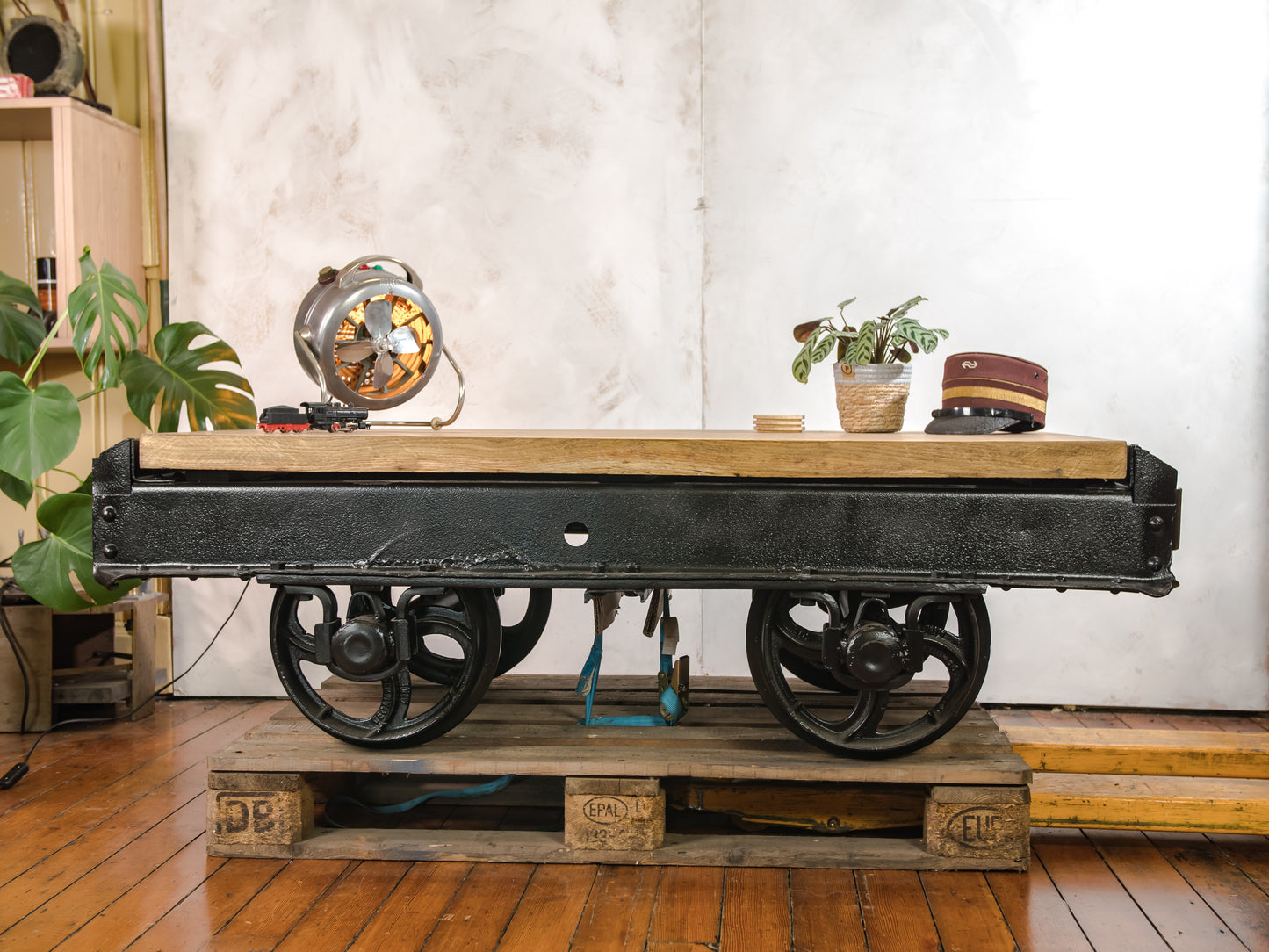 Antique Mining Cart Coffee Table, 1920s French Decauville Industrial Railway Wagon Cast iron, Salvaged Factory Carriage with Oak table-top