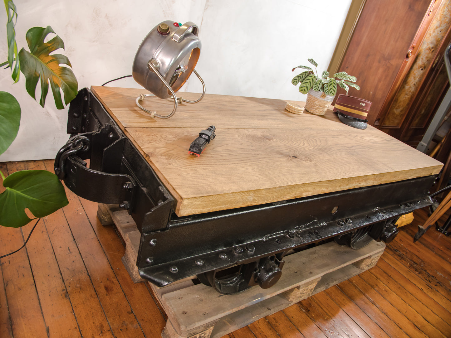 Antique Mining Cart Coffee Table, 1920s French Decauville Industrial Railway Wagon Cast iron, Salvaged Factory Carriage with Oak table-top