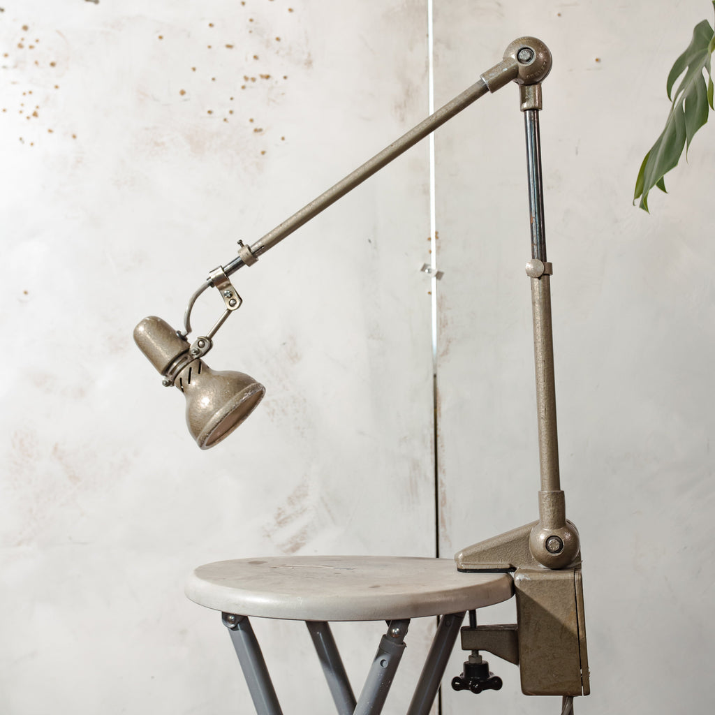 1950s Lumina Breveté Clamp lamp, Vintage 2 arm Articulated Workshop light made in France | Retro Table Desk lamp, Brown Sewing lighting