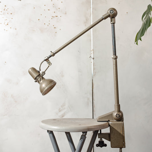 1950s Lumina Breveté Clamp lamp, Vintage 2 arm Articulated Workshop light made in France | Retro Table Desk lamp, Brown Sewing lighting