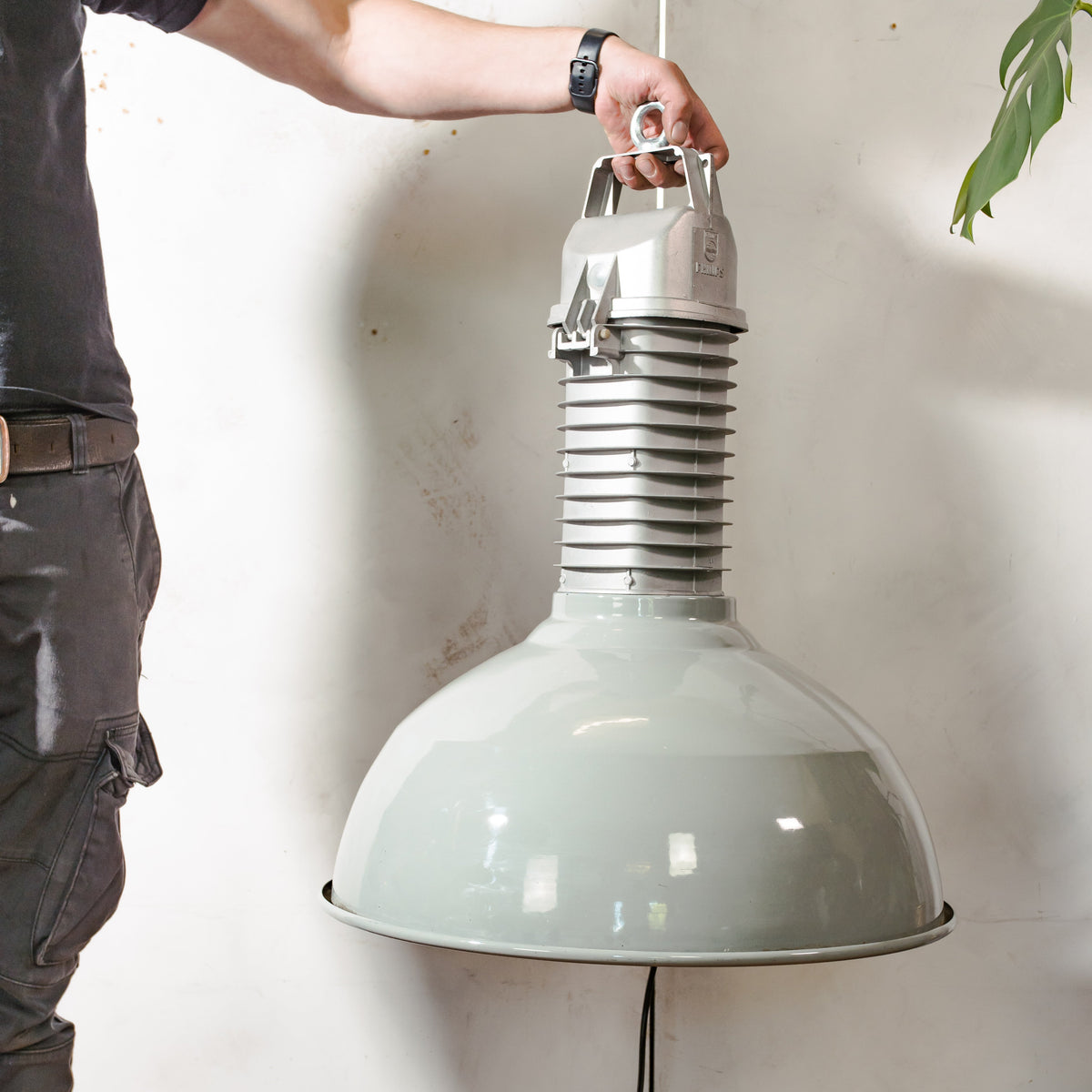 Large Industrial Factory Pendant Light with Gray Enamel Shade, 1950s Philips HDK Hanging Workshop Lamp, Fully Renovated and Rewired E27