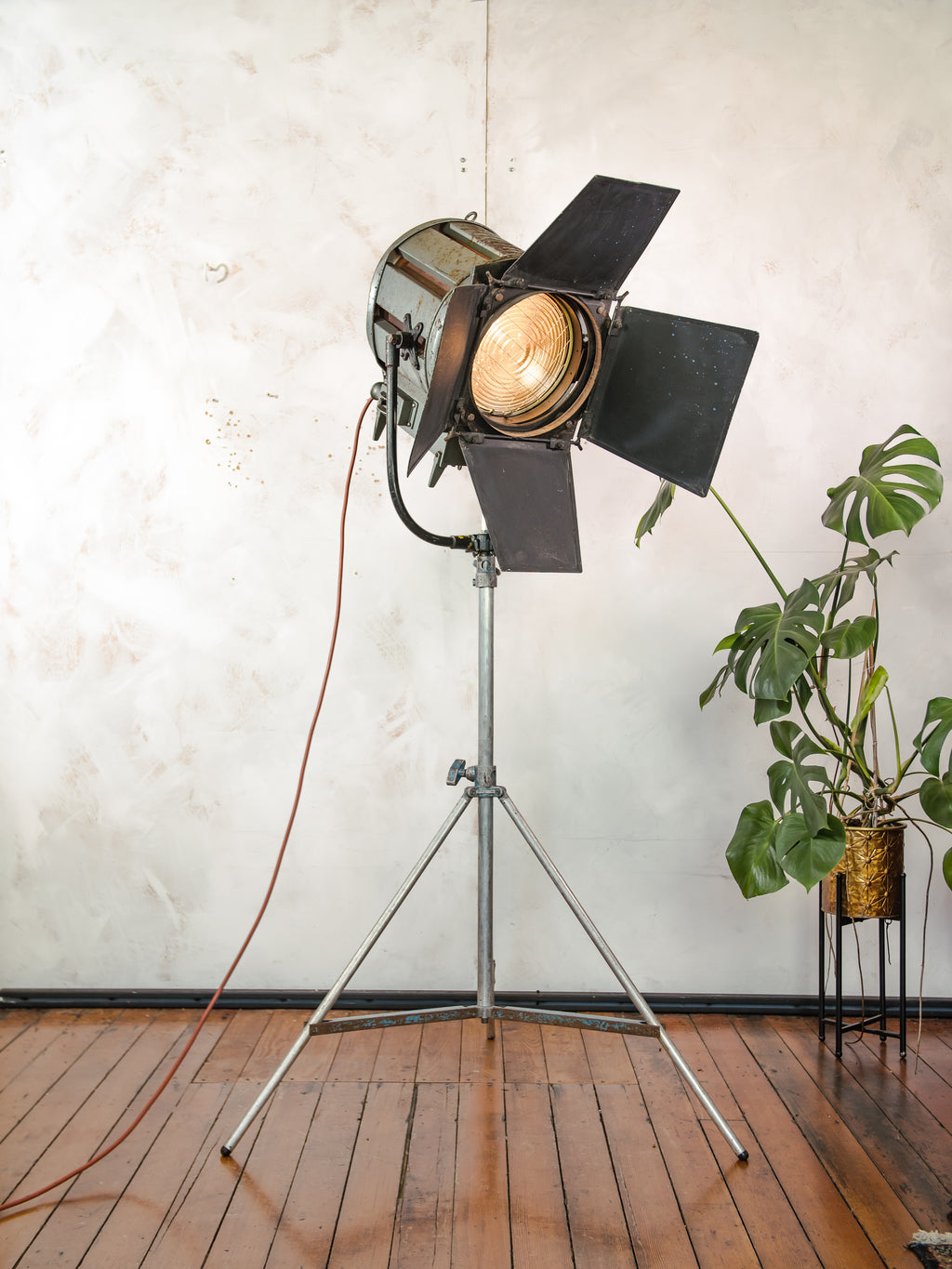 Vintage Berkey Italia 2KW Film Spotlight Floor Lamp, Industrial Loft Decor, Adjustable Tripod, Theater Light with Barn Doors & Fresnel Lens