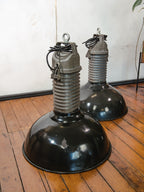 Large 1950s Industrial Factory Pendant lamp by Philips with Black Enamel shade, Hanging lamp workshop and kitchen island, Rusted Patina