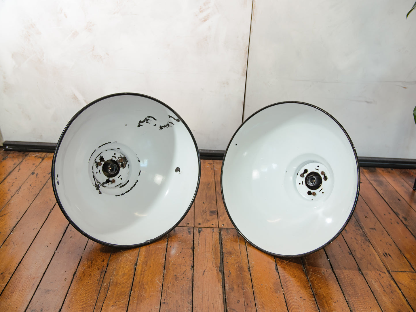 SET OF 2 Industrial Factory Pendant lamps with Patina, Philips HDK Hanging lamp workshop enamel 1950s, White inside, rewired E27