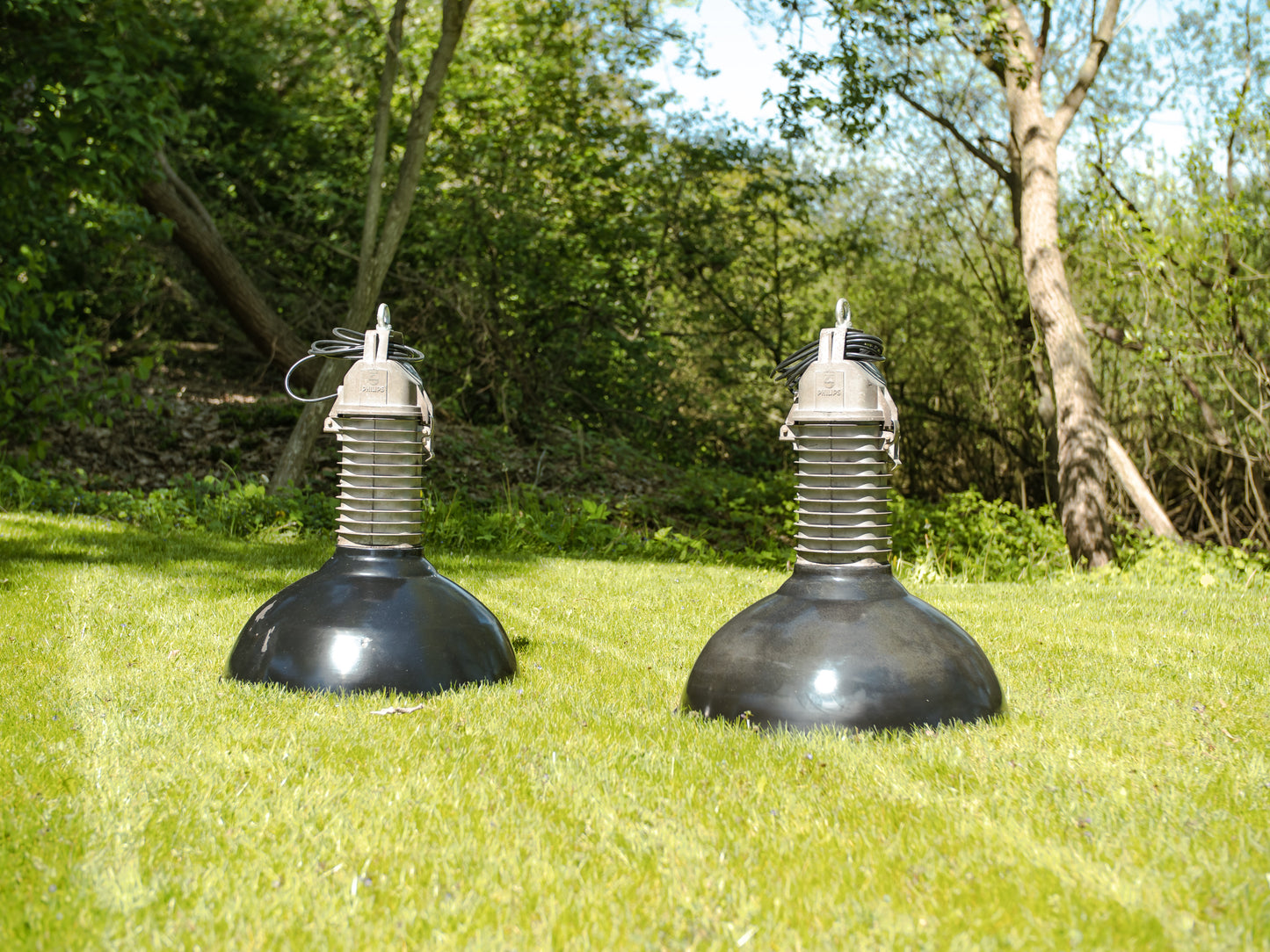 SET OF 2 Industrial Factory Pendant lamps with Patina, Philips HDK Hanging lamp workshop enamel 1950s, White inside, rewired E27