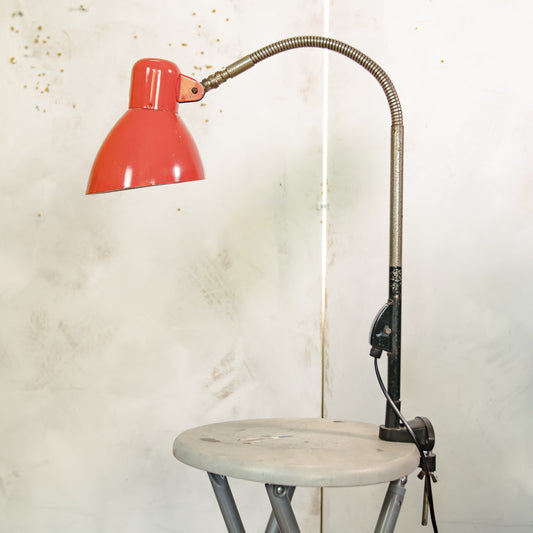Vintage 1960s SIS Clamp Desk Lamp, Adjustable Wall or Table Mount, Red Gooseneck Light, Rewired and included LED Bulb