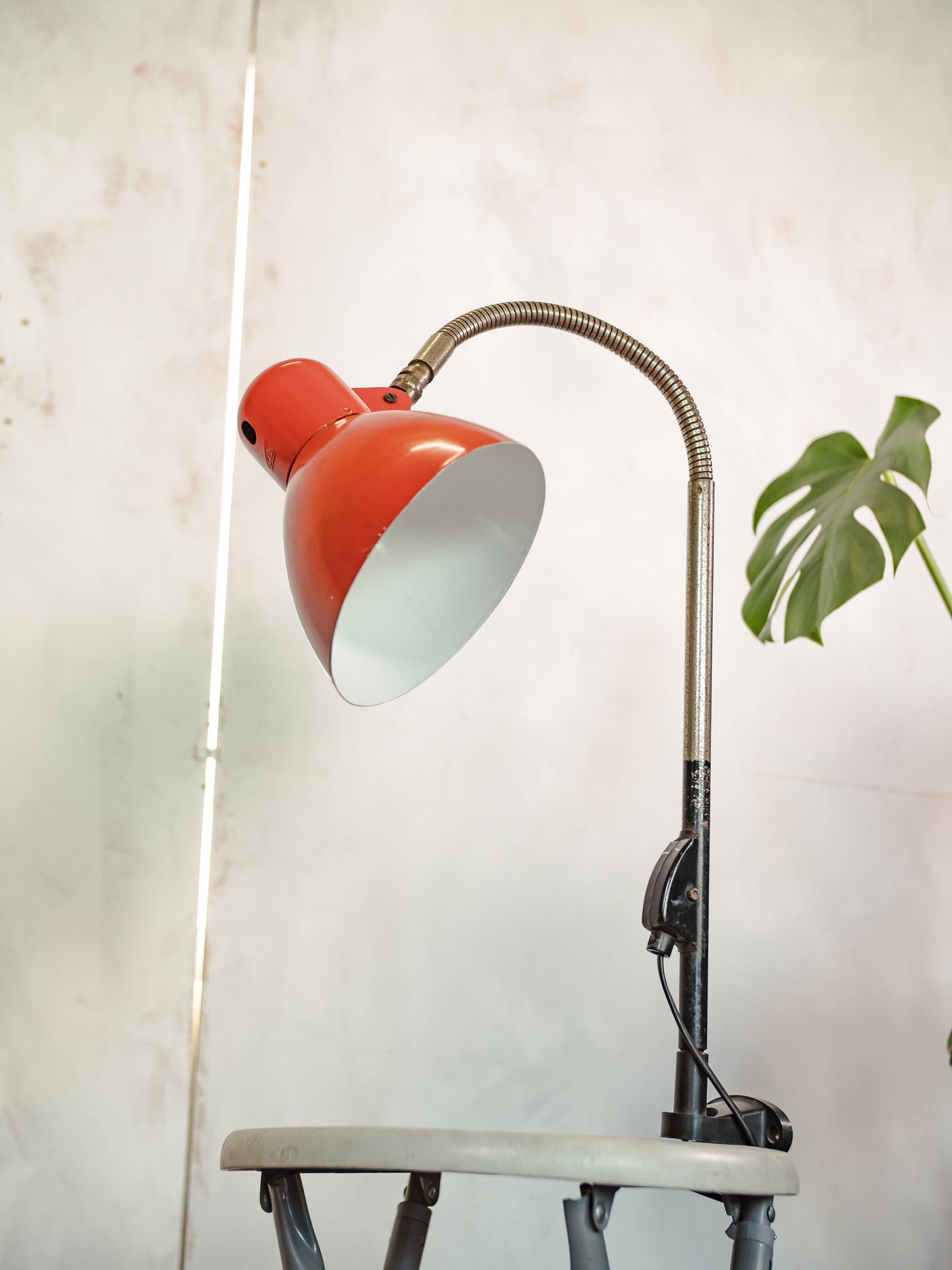 Vintage 1960s SIS Clamp Desk Lamp, Adjustable Wall or Table Mount, Red Gooseneck Light, Rewired and included LED Bulb