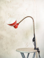 Vintage 1960s SIS Clamp Desk Lamp, Adjustable Wall or Table Mount, Red Gooseneck Light, Rewired and included LED Bulb