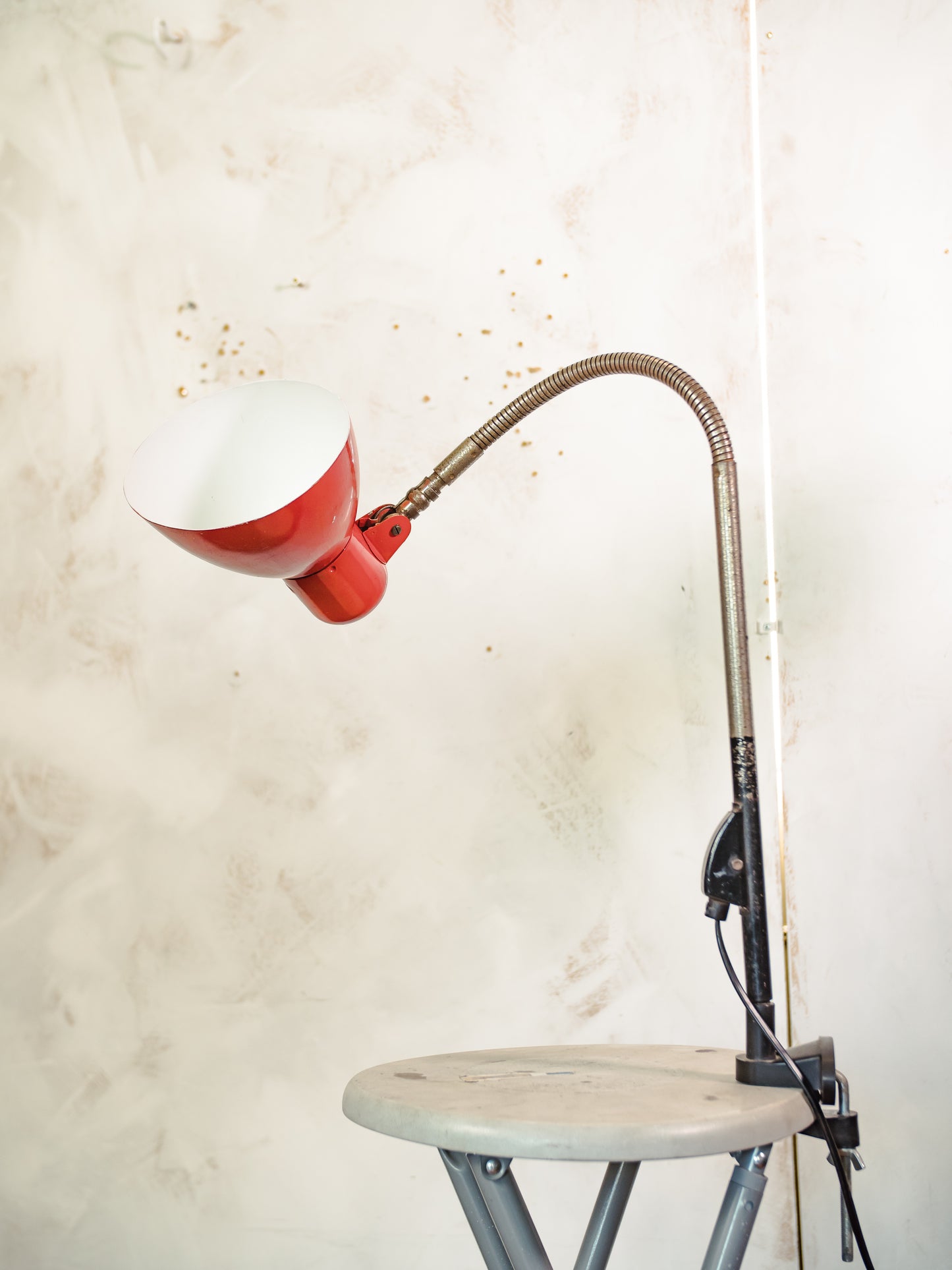 Vintage 1960s SIS Clamp Desk Lamp, Adjustable Wall or Table Mount, Red Gooseneck Light, Rewired and included LED Bulb