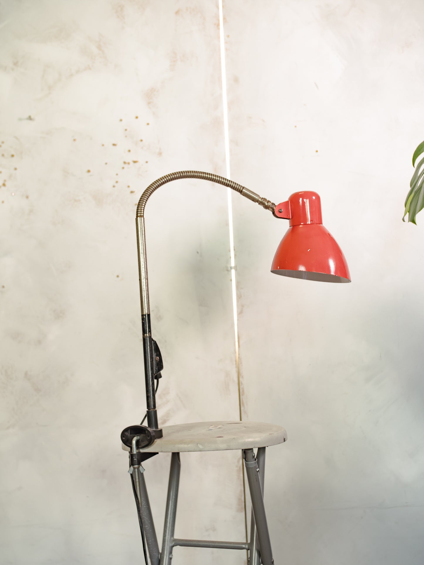 Vintage 1960s SIS Clamp Desk Lamp, Adjustable Wall or Table Mount, Red Gooseneck Light, Rewired and included LED Bulb