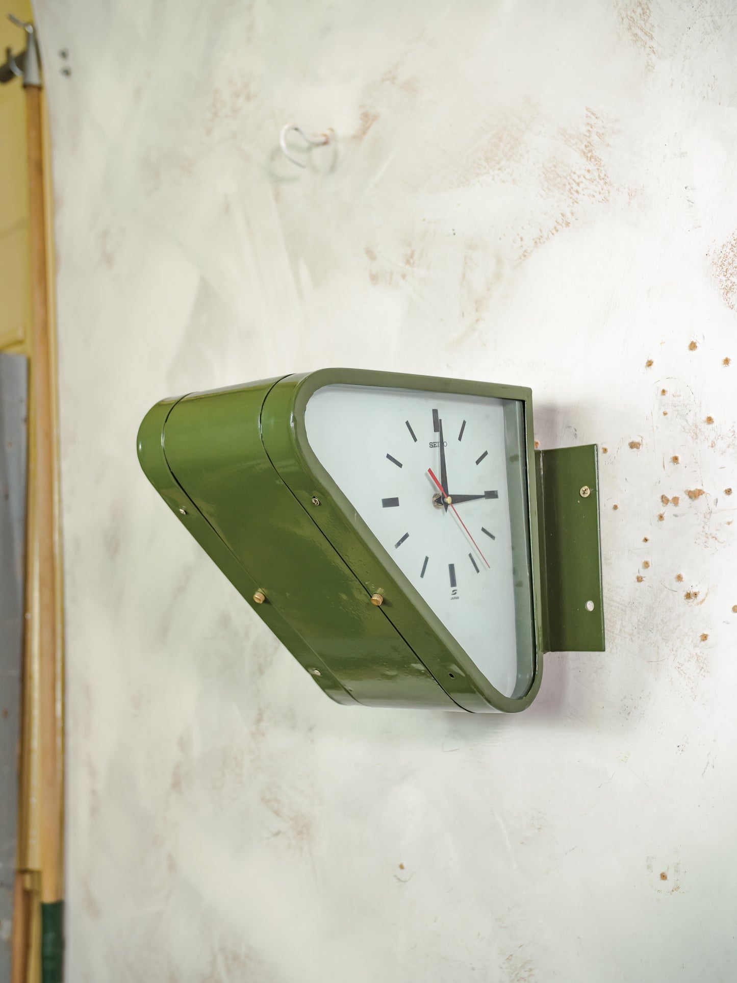 Vintage Seiko Double Sided Wall Clock, Industrial Submarine Triangle shaped Timekeeper, Restored Retro Green Slave Clock, 1980s Japan