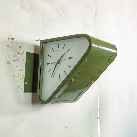 Vintage Seiko Double Sided Wall Clock, Industrial Submarine Triangle shaped Timekeeper, Restored Retro Green Slave Clock, 1980s Japan