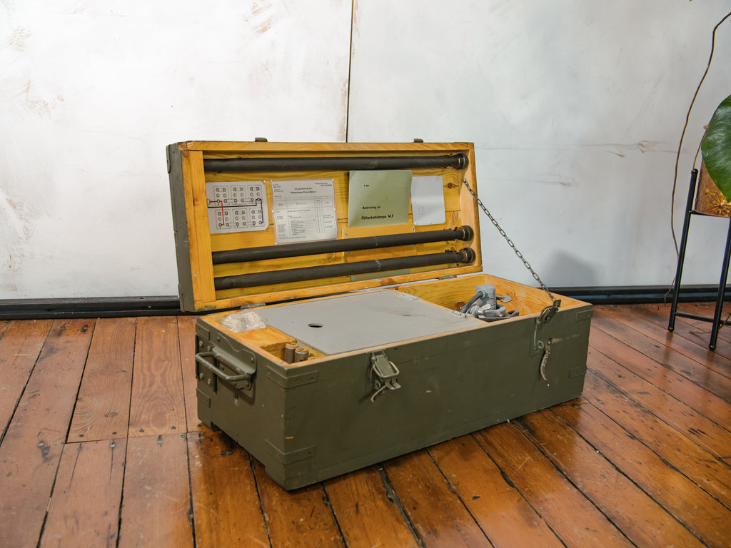 Vintage Swiss Army Field Lamp in Wooden Crate, 1950s Unique Lighting, Compete with booklets, NEW OLD STOCK, M3 Military Working Lamp