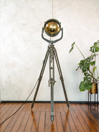 Vintage German Marine Military Searchlight on an Army Wooden Surveyors Tripod | Industrial Floor lamp Spotlight | One of a kind Tripod light