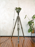 Vintage German Marine Military Searchlight on an Army Wooden Surveyors Tripod | Industrial Floor lamp Spotlight | One of a kind Tripod light