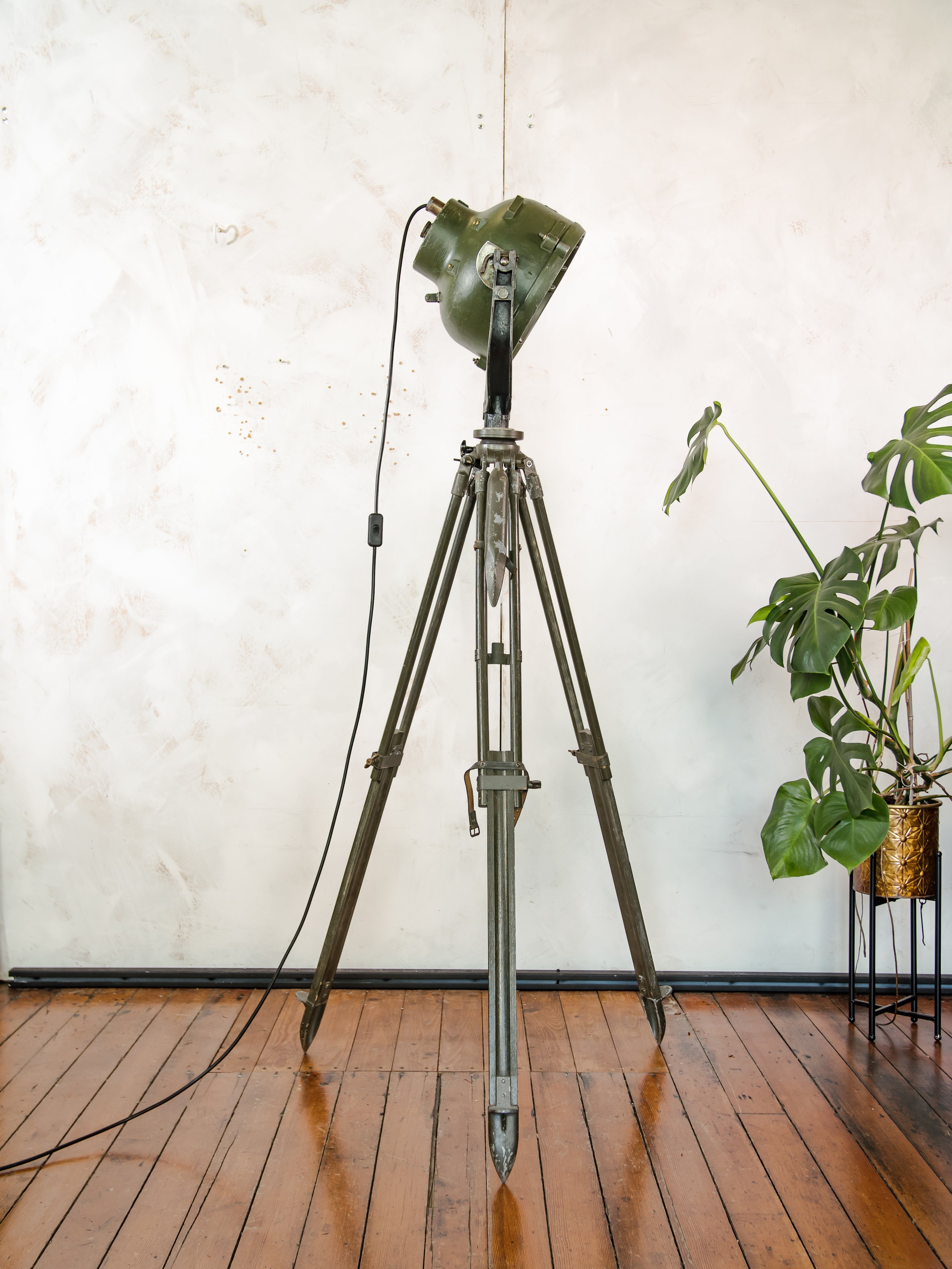 Vintage German Marine Military Searchlight on an Army Wooden Surveyors Tripod | Industrial Floor lamp Spotlight | One of a kind Tripod light