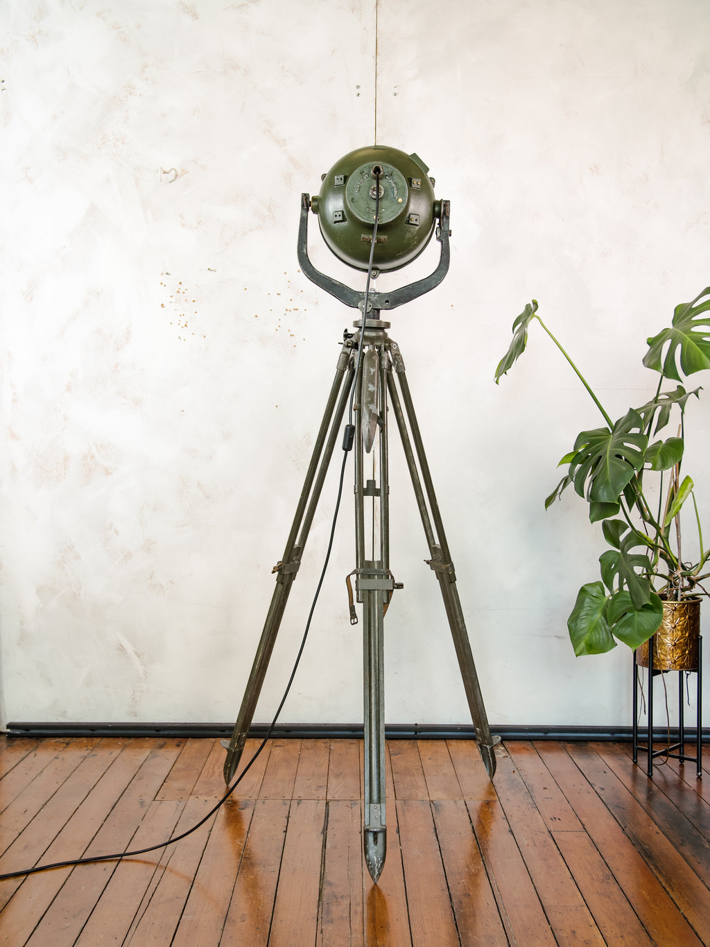 Vintage German Marine Military Searchlight on an Army Wooden Surveyors Tripod | Industrial Floor lamp Spotlight | One of a kind Tripod light