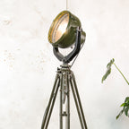 Vintage German Marine Military Searchlight on an Army Wooden Surveyors Tripod | Industrial Floor lamp Spotlight | One of a kind Tripod light