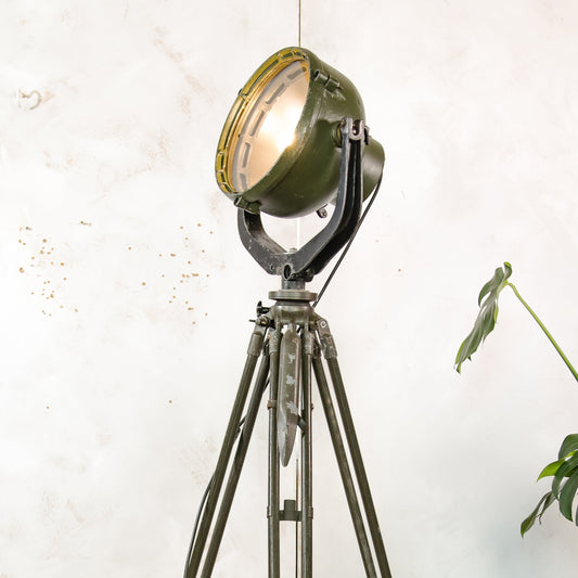 Vintage German Marine Military Searchlight on an Army Wooden Surveyors Tripod | Industrial Floor lamp Spotlight | One of a kind Tripod light