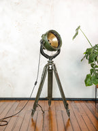 Vintage German Marine Military Searchlight on an Army Wooden Surveyors Tripod | Industrial Floor lamp Spotlight | One of a kind Tripod light