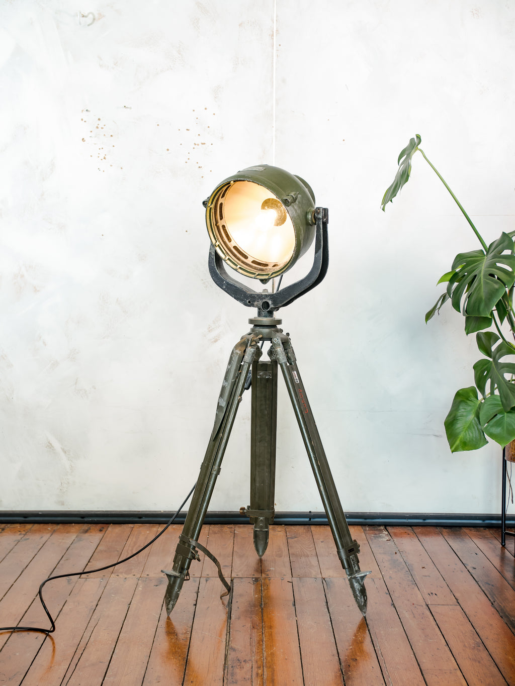 Vintage German Marine Military Searchlight on an Army Wooden Surveyors Tripod | Industrial Floor lamp Spotlight | One of a kind Tripod light