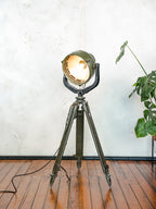 Vintage German Marine Military Searchlight on an Army Wooden Surveyors Tripod | Industrial Floor lamp Spotlight | One of a kind Tripod light