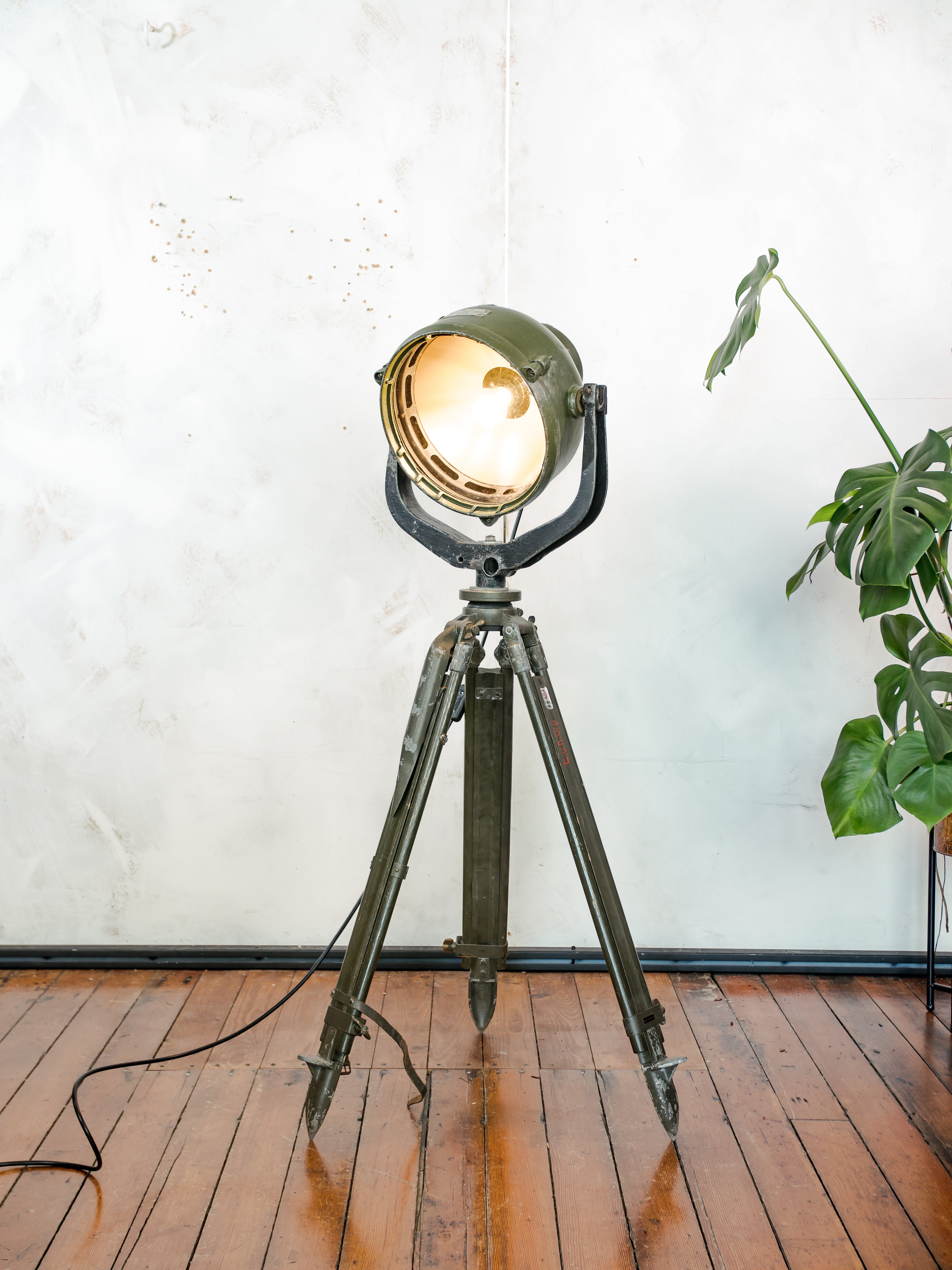 Vintage German Marine Military Searchlight on an Army Wooden Surveyors Tripod | Industrial Floor lamp Spotlight | One of a kind Tripod light