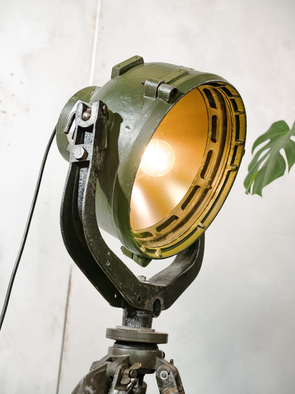 Vintage German Marine Military Searchlight on an Army Wooden Surveyors Tripod | Industrial Floor lamp Spotlight | One of a kind Tripod light