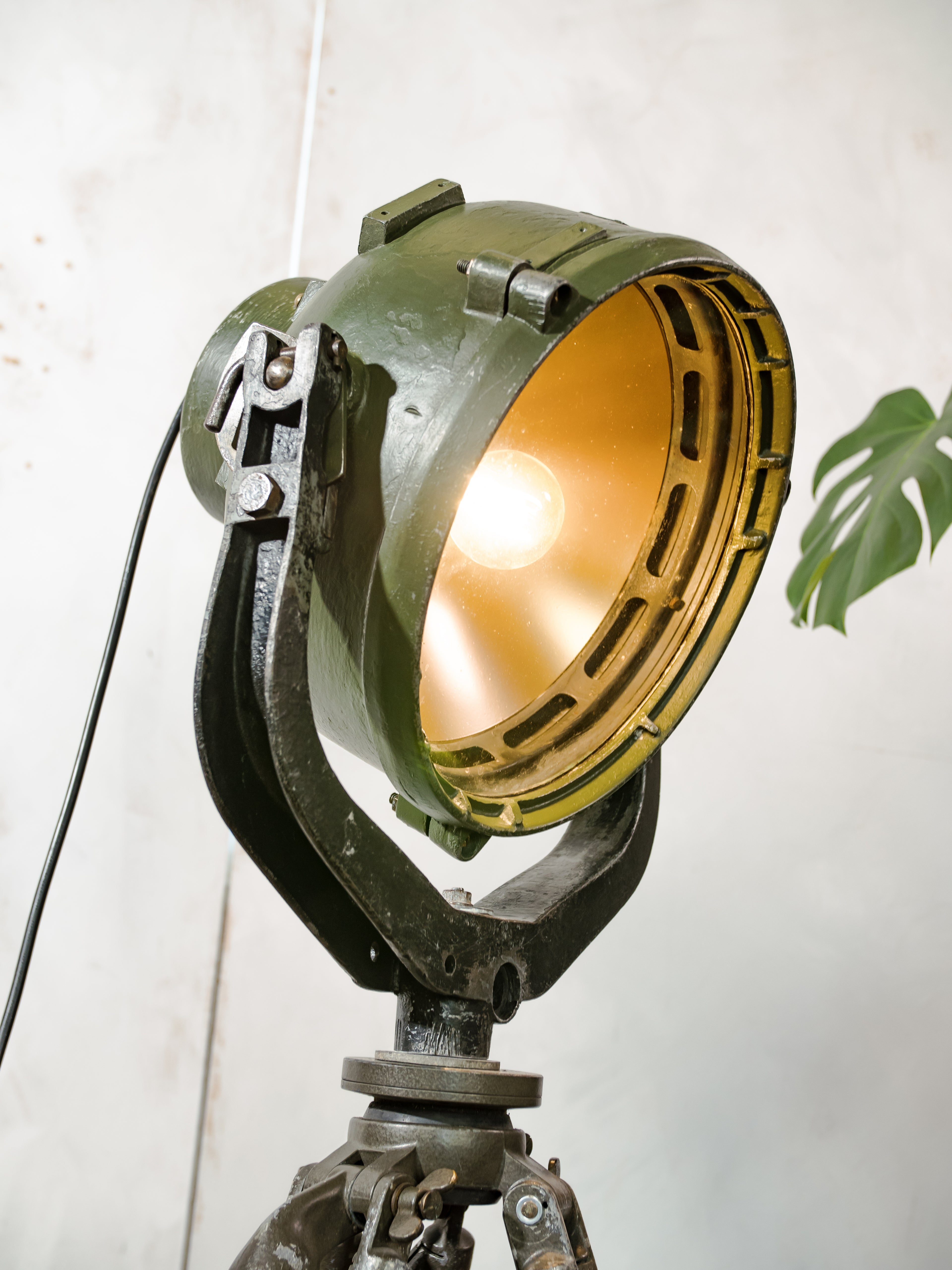 Vintage German Marine Military Searchlight on an Army Wooden Surveyors Tripod | Industrial Floor lamp Spotlight | One of a kind Tripod light