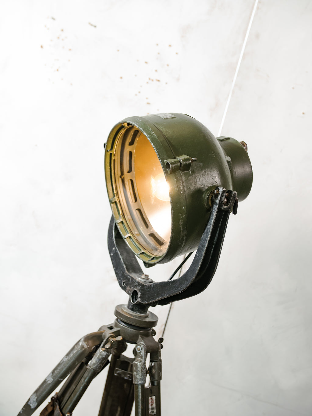 Vintage German Marine Military Searchlight on an Army Wooden Surveyors Tripod | Industrial Floor lamp Spotlight | One of a kind Tripod light