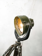 Vintage German Marine Military Searchlight on an Army Wooden Surveyors Tripod | Industrial Floor lamp Spotlight | One of a kind Tripod light