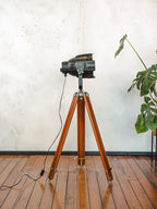 Floorlamp Vintage, Black Theatre Light | The Aliën Spotlight |  Studio Floorlamp | Stagelight on adjustable Wooden Tripod, Floor Spot light