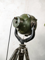 Vintage German Marine Military Searchlight on an Army Wooden Surveyors Tripod | Industrial Floor lamp Spotlight | One of a kind Tripod light