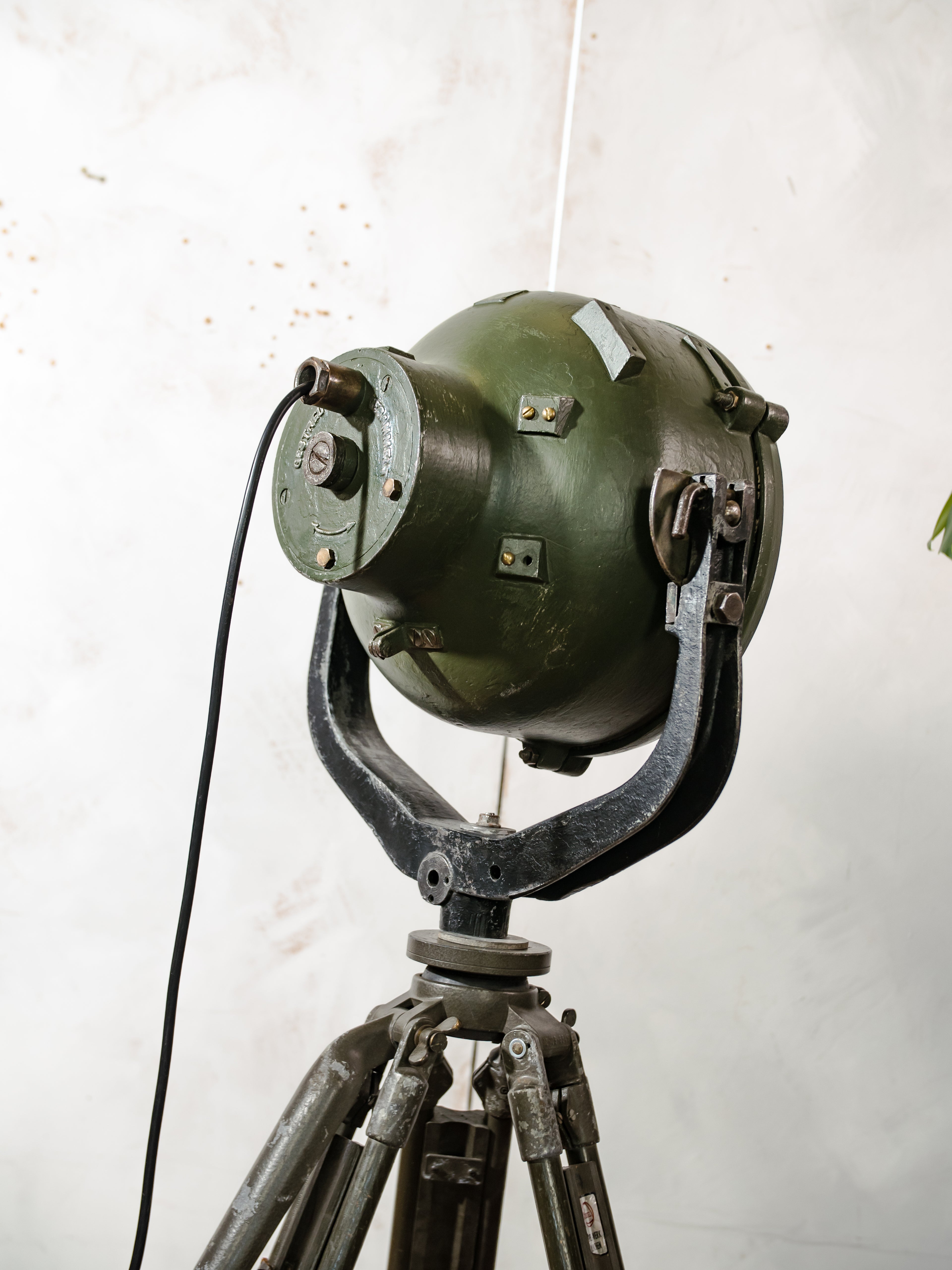 Vintage German Marine Military Searchlight on an Army Wooden Surveyors Tripod | Industrial Floor lamp Spotlight | One of a kind Tripod light