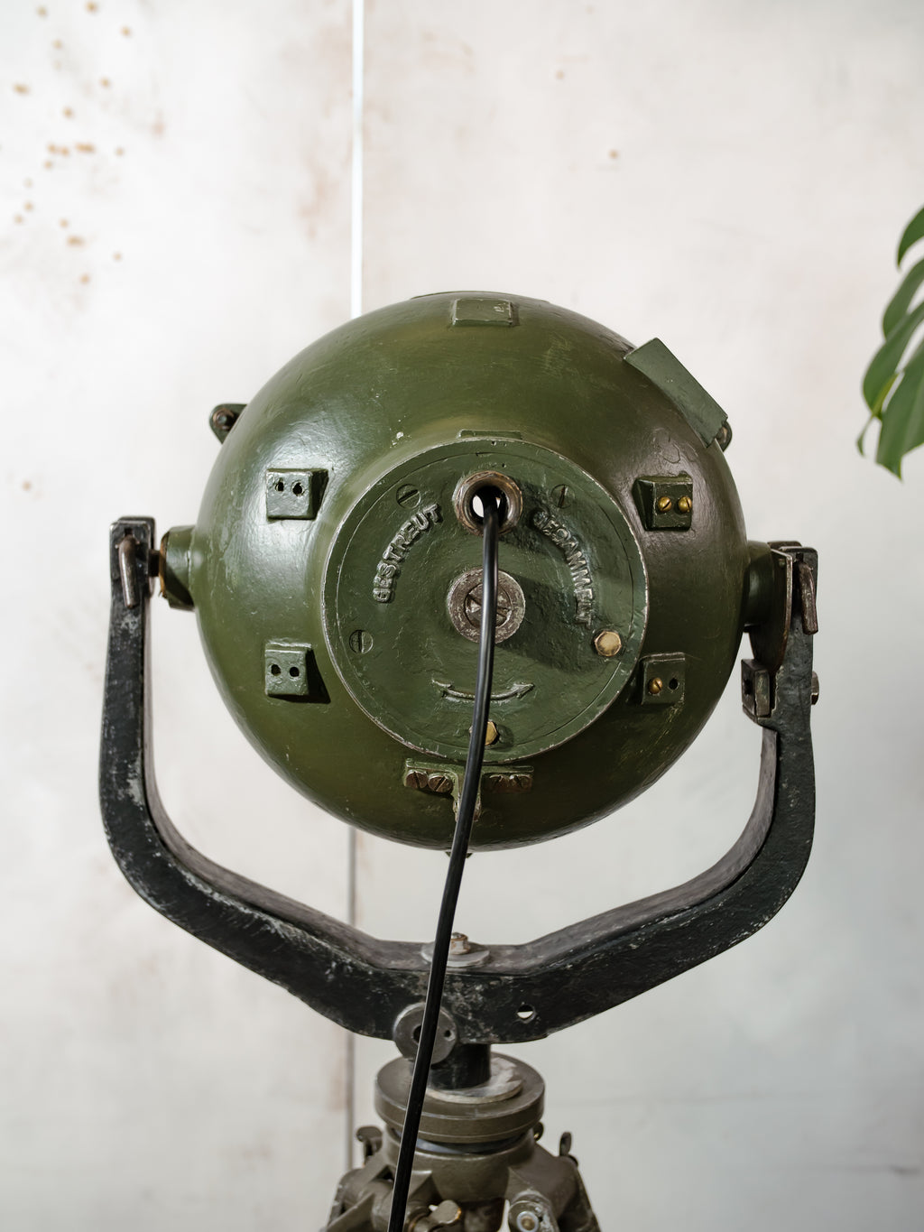 Vintage German Marine Military Searchlight on an Army Wooden Surveyors Tripod | Industrial Floor lamp Spotlight | One of a kind Tripod light