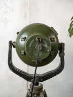 Vintage German Marine Military Searchlight on an Army Wooden Surveyors Tripod | Industrial Floor lamp Spotlight | One of a kind Tripod light