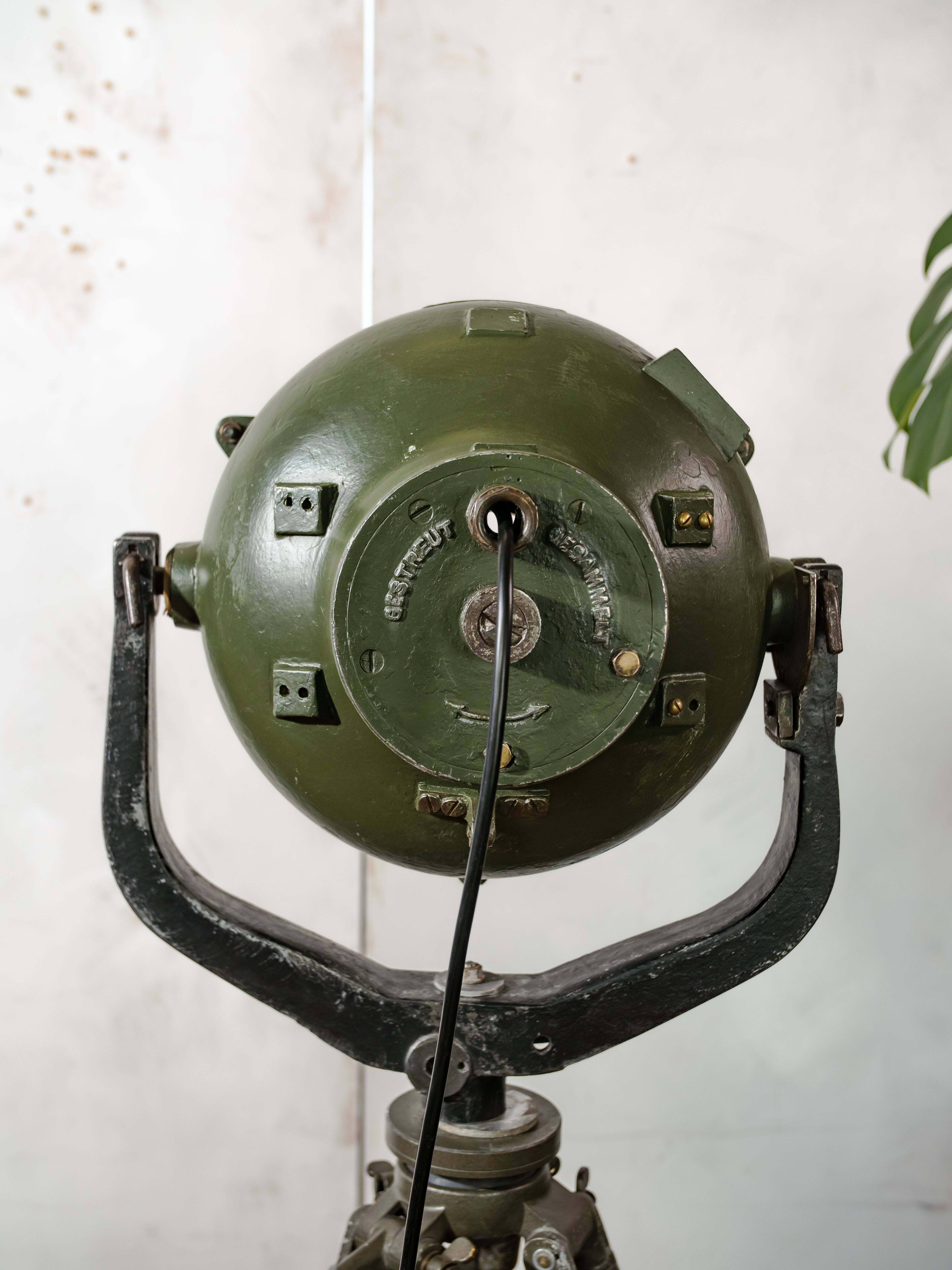 Vintage German Marine Military Searchlight on an Army Wooden Surveyors Tripod | Industrial Floor lamp Spotlight | One of a kind Tripod light