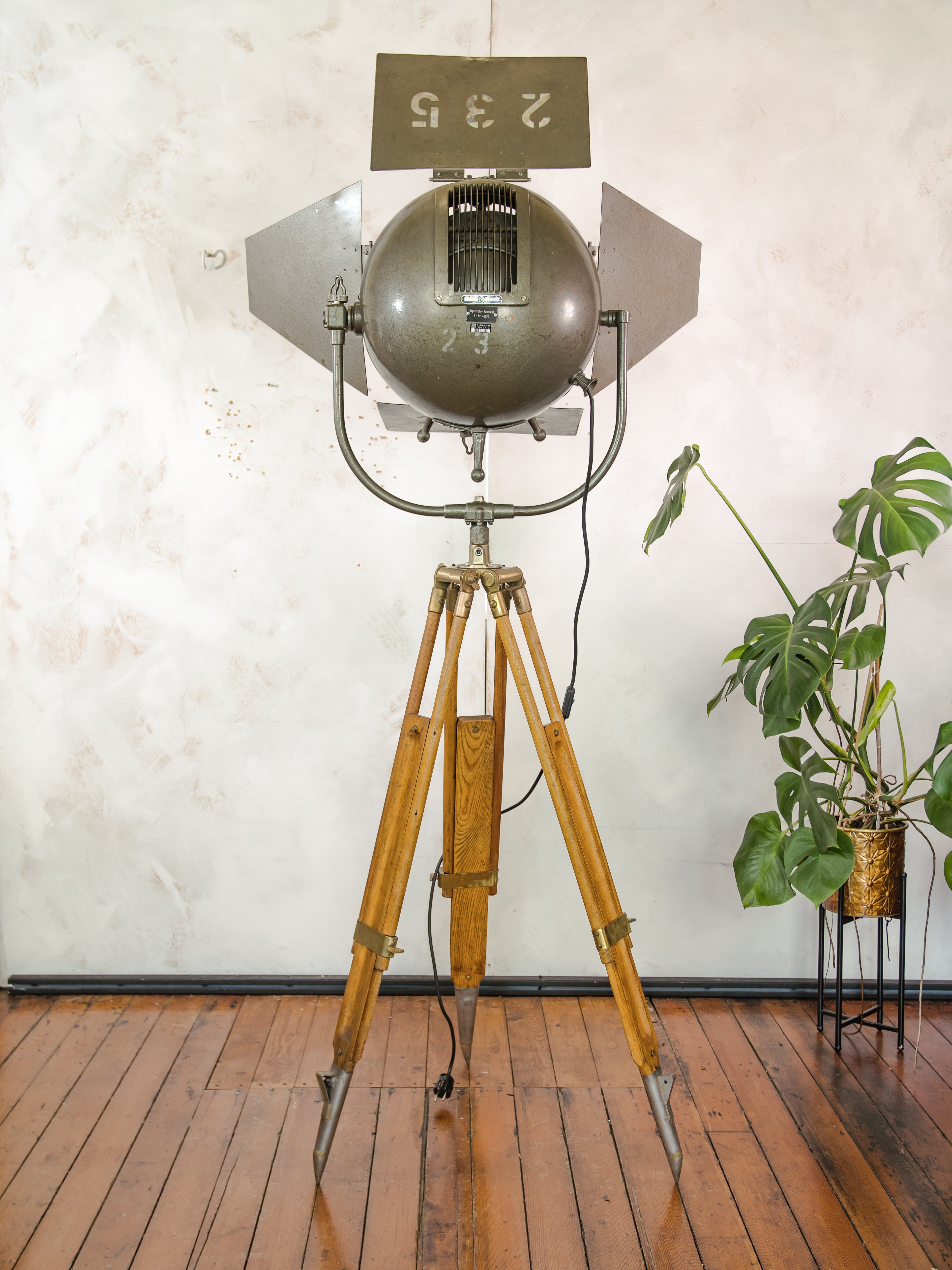 1950s Mole Richardson Model 612 -The Sputnik, Movie Spotlight on Wooden 101 AMA Tripod, Large Upcycled unique Designer Theater Floor lamp