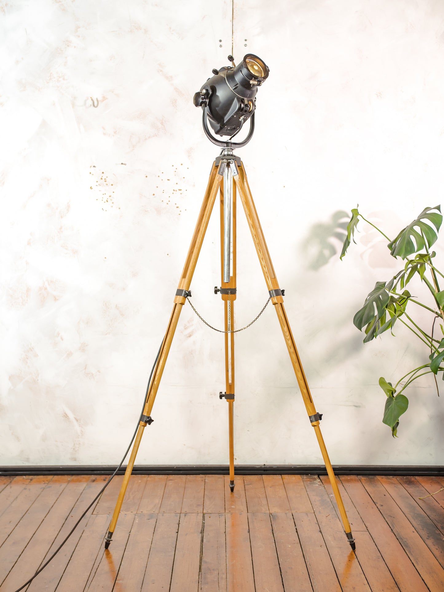 1960s Theater Floor lamp by Strand Electric, Model Patt 23 on Wooden Tripod, Upcycled English Stage Light, Industrial Lighting