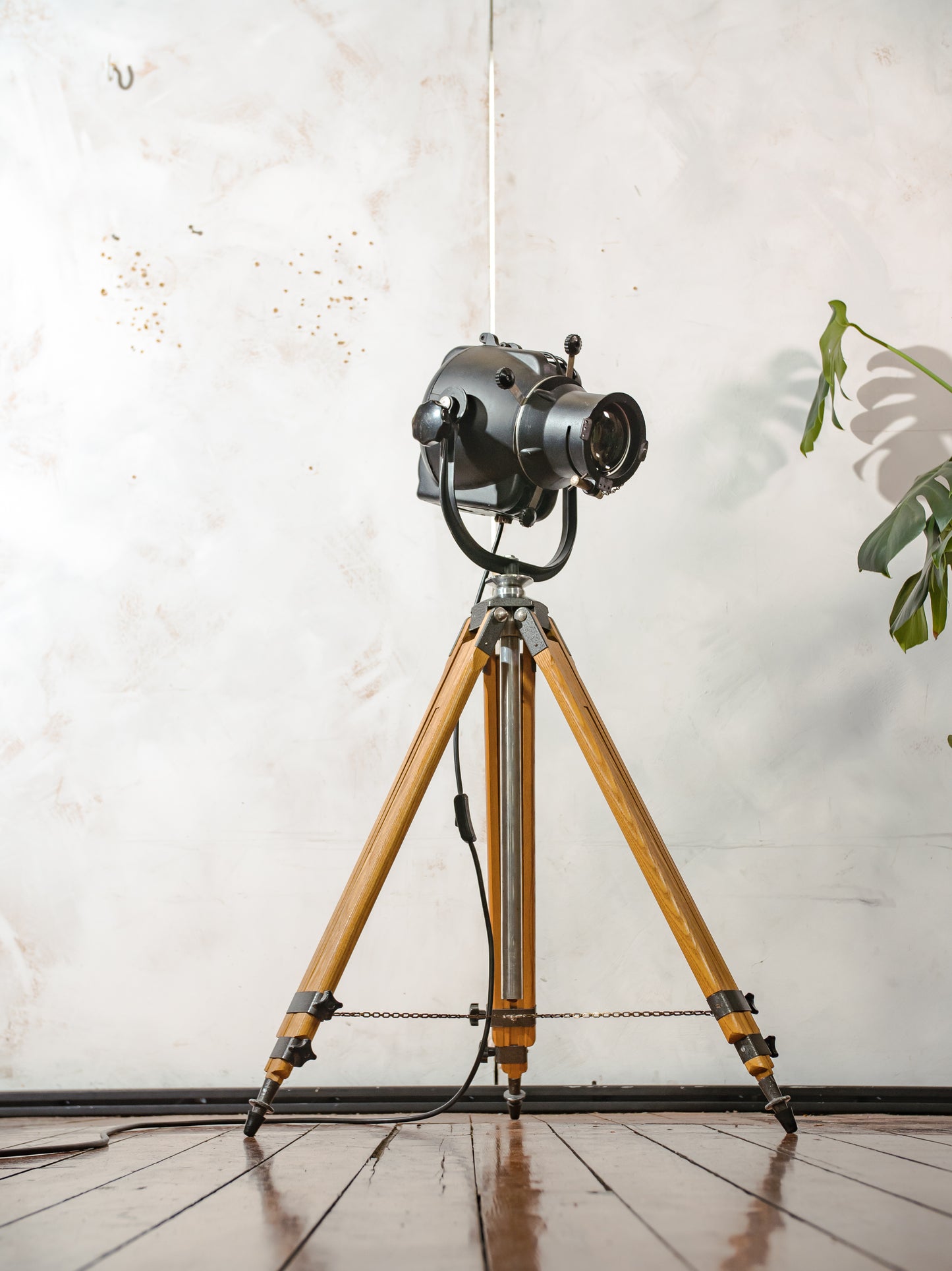 1960s Theater Floor lamp by Strand Electric, Model Patt 23 on Wooden Tripod, Upcycled English Stage Light, Industrial Lighting